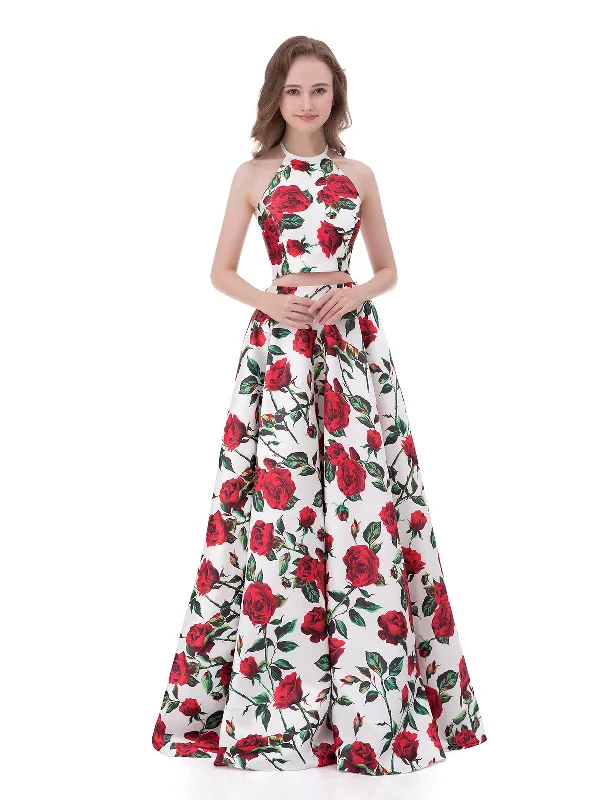 Party Dresses with Tassel Hem and Metallic Lace for Ladies' Boho and Luxurious LookHalter Two Piec Red Rose Floral Dress-Floral Party Dresses with Tassel Hem and Metallic Lace for Ladies' Boho and Luxurious LookHalter Two Piec Red Rose Floral Dress-Floral