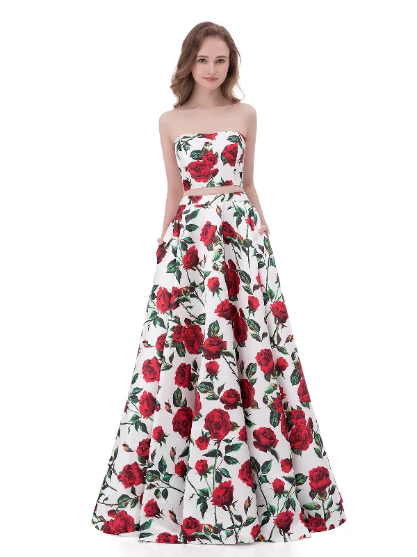 Party Dresses with Beaded Floral Wreath on the Bodice and High Low Hem for Ladies' Delicate and Dramatic LookTwo Piece Floral Dress with Pocket-Floral Party Dresses with Beaded Floral Wreath on the Bodice and High Low Hem for Ladies' Delicate and Dramatic LookTwo Piece Floral Dress with Pocket-Floral
