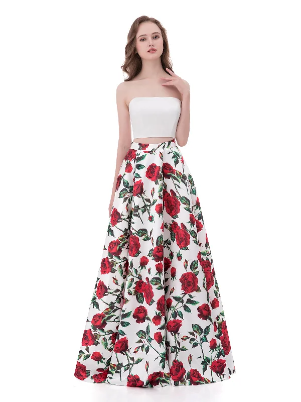 Party Dresses with Sheer Sleeve and Sequined Cuffs and Embroidered Bodice for Ladies' Elegant and Sparkly LookTwo Piece Dress with Print Rose Skirt-Floral Party Dresses with Sheer Sleeve and Sequined Cuffs and Embroidered Bodice for Ladies' Elegant and Sparkly LookTwo Piece Dress with Print Rose Skirt-Floral
