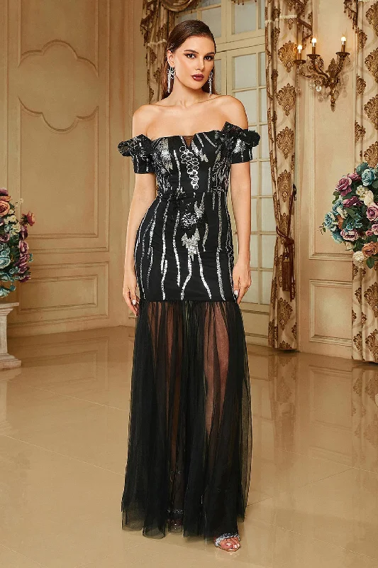 Party Dresses with Metallic Sequined Bodice and Chiffon Skirt and Sheer Back for Ladies' Glamorous and Sexy LookBlack Bodycon Off the Shoulder Long Prom Dress