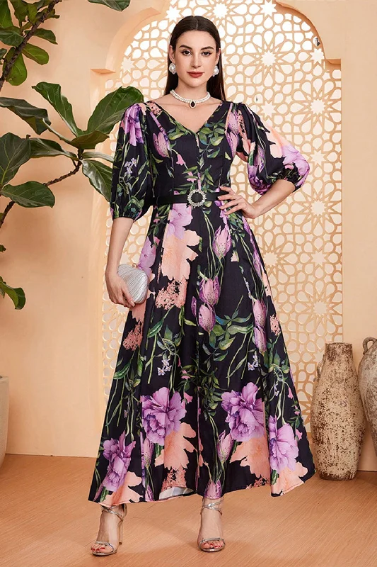Party Dresses with Sheer Sleeve and Sequined Cuffs and Bow at the Waist and Embroidered Skirt for Ladies' Elegant and Intricate LookBlack Floral A-Line V Neck Half Sleeves Long Prom Dress with Belt Party Dresses with Sheer Sleeve and Sequined Cuffs and Bow at the Waist and Embroidered Skirt for Ladies' Elegant and Intricate LookBlack Floral A-Line V Neck Half Sleeves Long Prom Dress with Belt