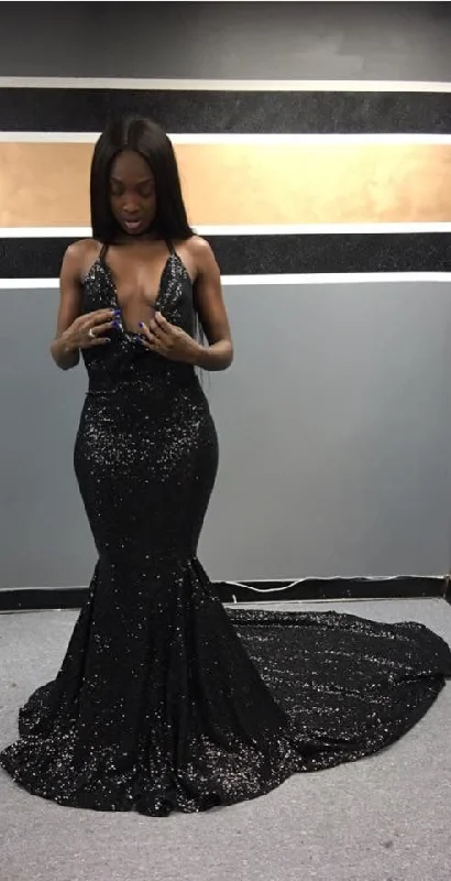 Neon Colored Party Dresses with Cut Out Details for Ladies' Rave PartiesBlack Girl Sequins Mermaid Prom Dresses Sexy Plunging Neckline Party Dress Formal Evening Gowns    cg25002