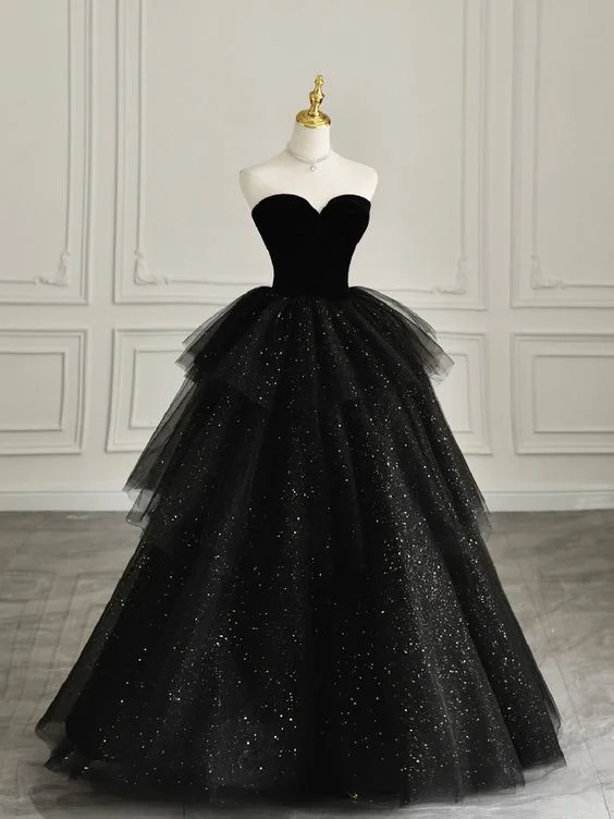 Party Dresses with Embroidered Party Animals and Colorful Sequins for Ladies' Themed Party FunBlack Strapless Tulle Formal Dress with Velvet, A-Line Sweetheart Neck Long Prom Dress cg25038 Party Dresses with Embroidered Party Animals and Colorful Sequins for Ladies' Themed Party FunBlack Strapless Tulle Formal Dress with Velvet, A-Line Sweetheart Neck Long Prom Dress cg25038
