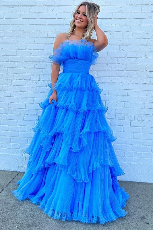 Tiered Party Dresses with Floral Applique for Ladies' Garden PartiesBlue Strapless Long Ruffled Prom Dress Tiered Party Dresses with Floral Applique for Ladies' Garden PartiesBlue Strapless Long Ruffled Prom Dress