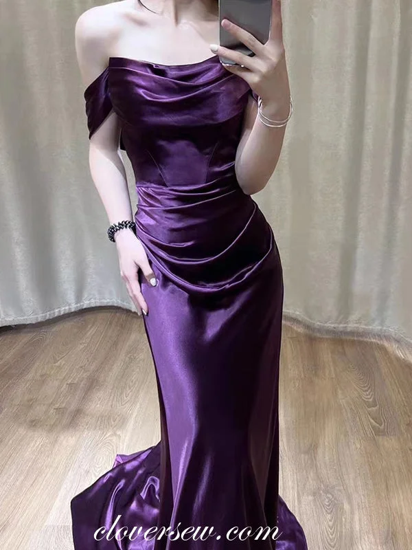 One Shoulder Party Dresses with Lace Overlay for Ladies' Sophisticated AppealEggplant Purple Pleating Off The Shoulder Mermaid Simple Satin Prom Dresses, CP1047