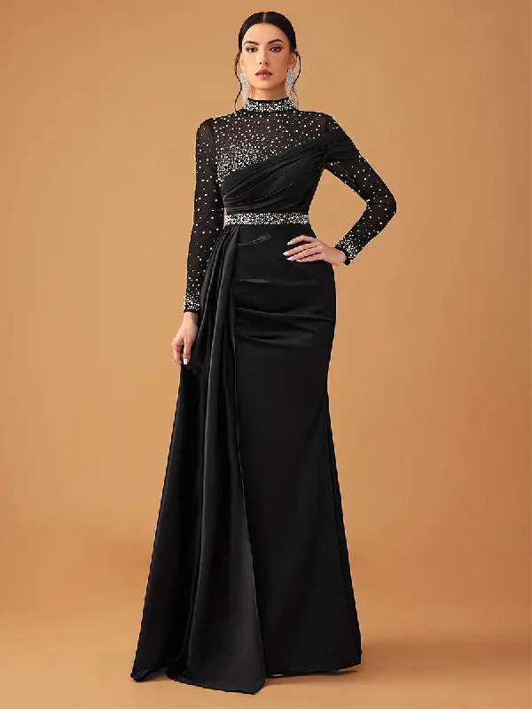 Chiffon Party Dresses with Embroidered Cuffs for Ladies' Elegant TouchElegant Mesh Beaded Satin Turtleneck Evening Dress MCW0924 Chiffon Party Dresses with Embroidered Cuffs for Ladies' Elegant TouchElegant Mesh Beaded Satin Turtleneck Evening Dress MCW0924