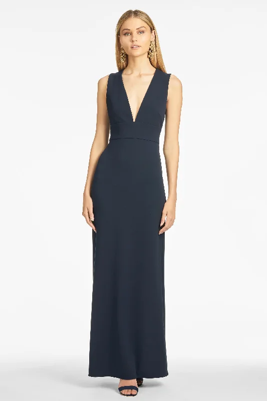 Party Dresses with Sequined Geometric Shapes and Lace and Chiffon Blend and Ruffled Sleeves for Ladies' Modern and Dramatic LookLORETTA GOWN - NAVY Party Dresses with Sequined Geometric Shapes and Lace and Chiffon Blend and Ruffled Sleeves for Ladies' Modern and Dramatic LookLORETTA GOWN - NAVY