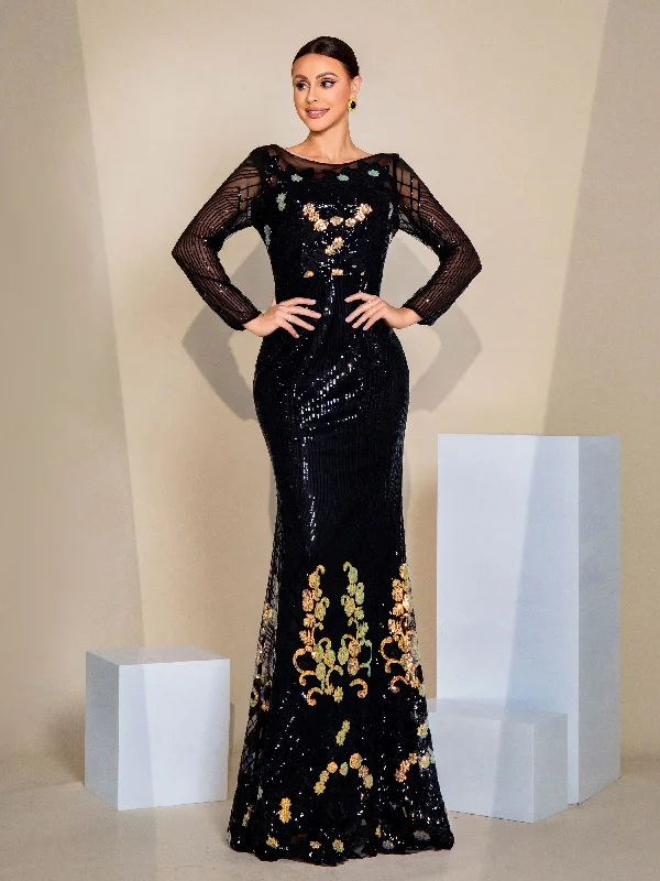 Party Dresses with Sequined Floral Motifs and Satin Ribbon Detailing for Ladies' Elegant and Delicate LookFloral Sequin Balck Mermaid Evening Dress GM00451 Party Dresses with Sequined Floral Motifs and Satin Ribbon Detailing for Ladies' Elegant and Delicate LookFloral Sequin Balck Mermaid Evening Dress GM00451