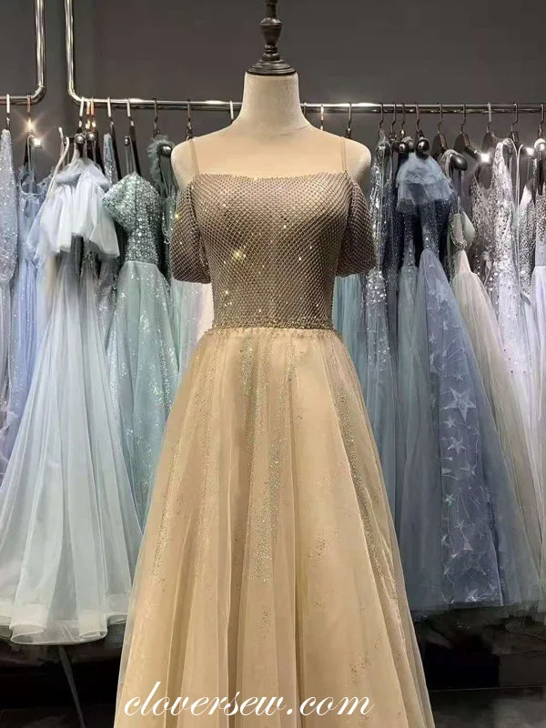 Sleeveless Chiffon Party Dresses with Slit for Ladies' Cocktail PartiesGold Champagne Bead Shiny Tulle Gorgeous Prom Dresses, CP0661 Sleeveless Chiffon Party Dresses with Slit for Ladies' Cocktail PartiesGold Champagne Bead Shiny Tulle Gorgeous Prom Dresses, CP0661