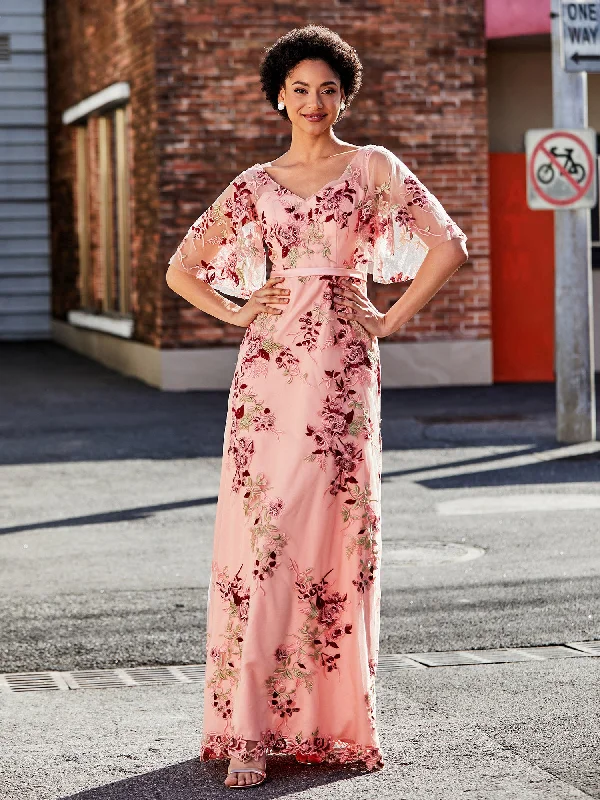 Party Dresses with Pleated Skirts and Lace Overlay for Ladies' Feminine and Timeless LookHalf Sleeve Flower Applique Tulle Gown As Picture Party Dresses with Pleated Skirts and Lace Overlay for Ladies' Feminine and Timeless LookHalf Sleeve Flower Applique Tulle Gown As Picture