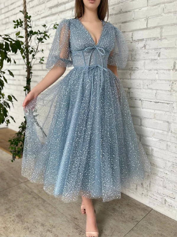 Ombre Party Dresses with Gradient Effect for Ladies' Unique and Stylish LookHalf Sleeves Dusty Blue Glittery Tulle Prom Dresses, Tea Length Prom Dresses, Newest Prom Dresses, Unique Prom Dresses Ombre Party Dresses with Gradient Effect for Ladies' Unique and Stylish LookHalf Sleeves Dusty Blue Glittery Tulle Prom Dresses, Tea Length Prom Dresses, Newest Prom Dresses, Unique Prom Dresses