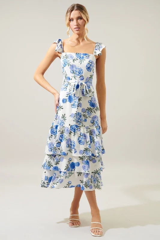 Party Dresses with Sequined Dots and Sheer Skirt for Ladies' Playful and Sultry LookInessa Floral Guayana Tiered Midi Dress