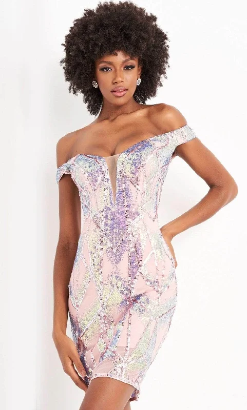 Party Dresses with Embroidered Floral Patterns and Tassel Hem and Sequined Bodice for Ladies' Bohemian and Glamorous LookJovani - Off Shoulder Iridescent Sequin Dress 05101SC - 1 pc Pink In Size 4 Available