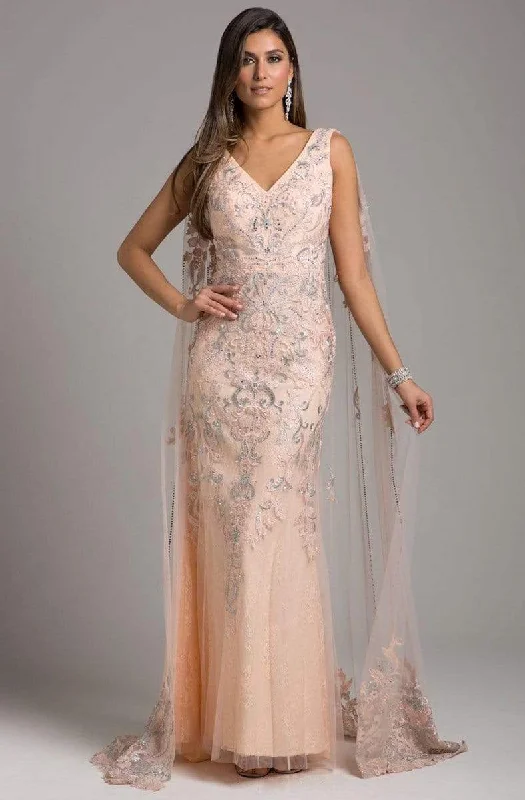 Sleeveless Party Dresses with Sequined Neckline for Ladies' Glamorous AppealLara Dresses - Embellished V-neck Sheath Dress With Cape 29969 Sleeveless Party Dresses with Sequined Neckline for Ladies' Glamorous AppealLara Dresses - Embellished V-neck Sheath Dress With Cape 29969