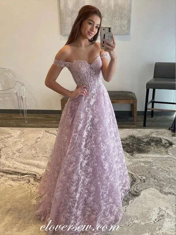 Empire Waist Party Dresses with Satin Sash for Ladies' Curvy Figure FlatteringLilac Lace Beading Off The Shoulder Sweetheart A-line Graduation Prom Dresses, CP1059