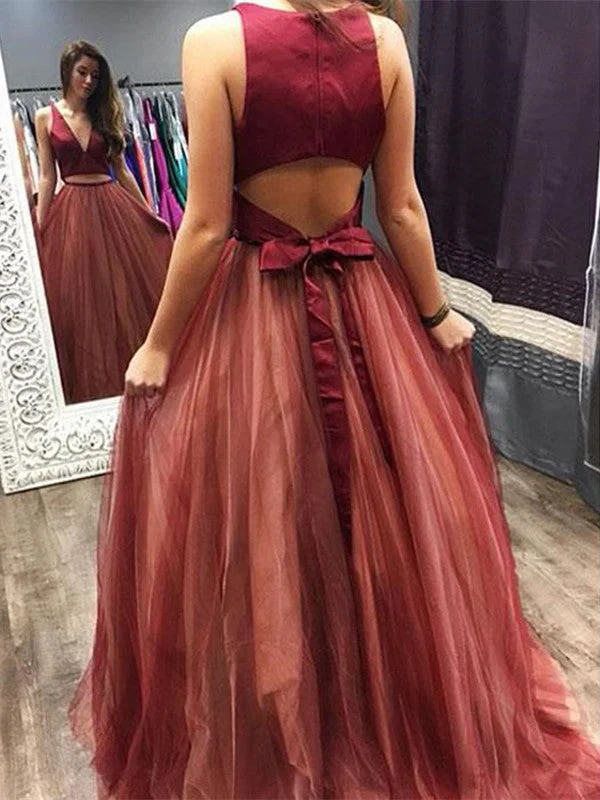 Party Dresses with Sequined Hearts and Ruffled Hem and Satin and Lace Combo for Ladies' Romantic and Feminine LookLong A Line Evening Party Prom Dresses, 2 Pieces V-neck Prom Dresses Party Dresses with Sequined Hearts and Ruffled Hem and Satin and Lace Combo for Ladies' Romantic and Feminine LookLong A Line Evening Party Prom Dresses, 2 Pieces V-neck Prom Dresses