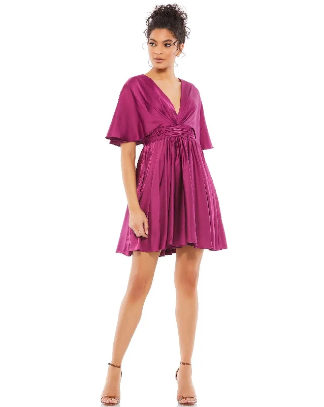 Party Dresses with Metallic Sequined Bodice and Chiffon Skirt and Ruffled Hem for Ladies' Glamorous and Flirty LookMac Duggal 26605 Short Cape Sleeve Satin Dress