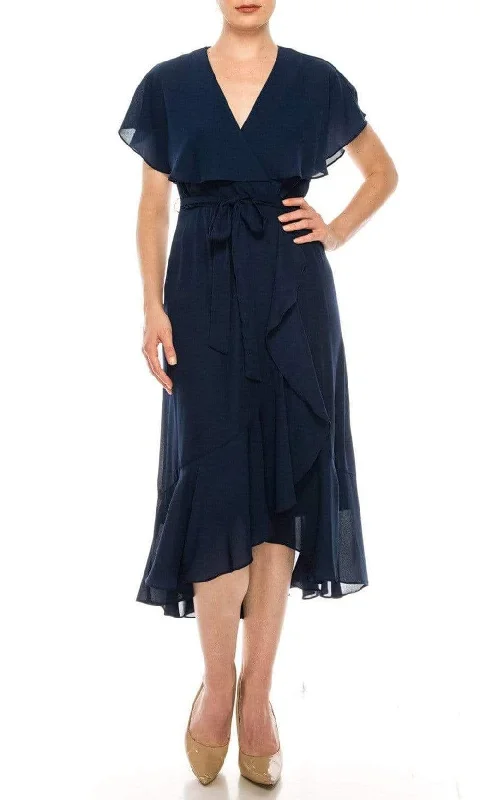 Tiered Party Dresses with Floral Applique for Ladies' Garden PartiesMaison Tara - 95071M Cape Sleeved Illusion Wrap Ruffle Dress