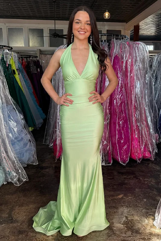 Party Dresses with Sequined Floral Motifs and Satin Ribbon Detailing for Ladies' Elegant and Delicate LookMermaid Halter Green Long Prom Dress Party Dresses with Sequined Floral Motifs and Satin Ribbon Detailing for Ladies' Elegant and Delicate LookMermaid Halter Green Long Prom Dress