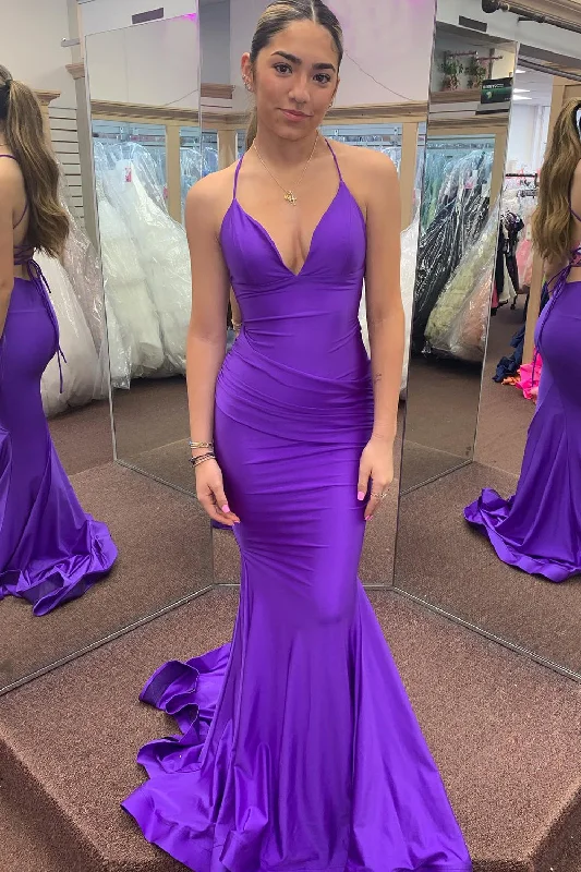 Party Dresses with Sheer Panels and Sequined Trim for Ladies' Sultry and Sparkly LookMermiad Halter Dark Purple Long Prom Dress with Slit Party Dresses with Sheer Panels and Sequined Trim for Ladies' Sultry and Sparkly LookMermiad Halter Dark Purple Long Prom Dress with Slit