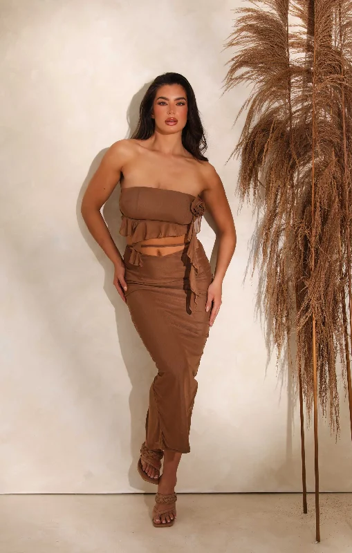 Party Dresses with Sequined Stripes and Sheer Back for Ladies' Bold and Sexy LookMocha Brown Rose Cut Out Frill Midi Dress - Reine Party Dresses with Sequined Stripes and Sheer Back for Ladies' Bold and Sexy LookMocha Brown Rose Cut Out Frill Midi Dress - Reine