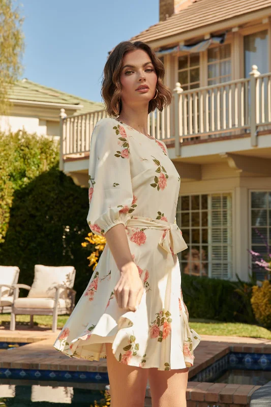 Party Dresses with Bell Sleeves and Ruffled Hem for Ladies' Retro CharmMorning Blush Floral Collins Godet Mini Dress Party Dresses with Bell Sleeves and Ruffled Hem for Ladies' Retro CharmMorning Blush Floral Collins Godet Mini Dress