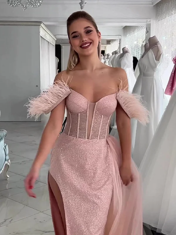 Mesh Paneled Party Dresses with Beaded Appliques for Ladies' Modern EdgeOff Shoulder Shiny Sequin Tulle High Side Slit Prom Dresses With Feather Straps, Newest Prom Dresses Mesh Paneled Party Dresses with Beaded Appliques for Ladies' Modern EdgeOff Shoulder Shiny Sequin Tulle High Side Slit Prom Dresses With Feather Straps, Newest Prom Dresses