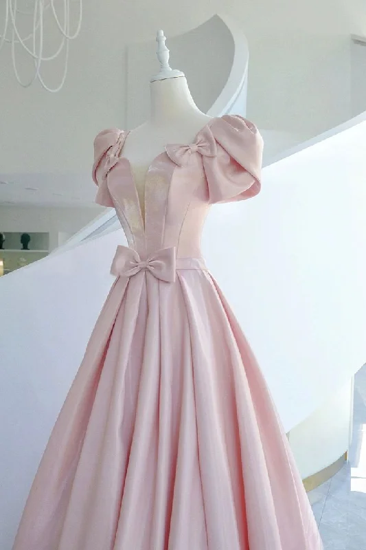 Plunging Neckline Party Dresses with Sequined Trim for Ladies' Glamorous EventsPink Satin Long Prom Dress, A-Line Evening Dress with Bow cg25017 Plunging Neckline Party Dresses with Sequined Trim for Ladies' Glamorous EventsPink Satin Long Prom Dress, A-Line Evening Dress with Bow cg25017