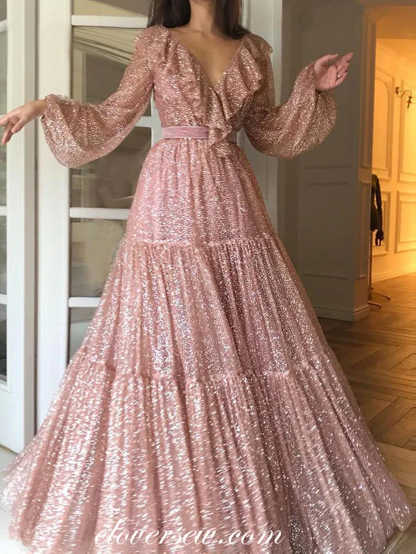 Plaid Party Dresses with Satin Trim for Ladies' Preppy and Stylish VibePink Sequined Tulle Vintage Puffy Long Sleeves Prom Dresses, CP0618 Plaid Party Dresses with Satin Trim for Ladies' Preppy and Stylish VibePink Sequined Tulle Vintage Puffy Long Sleeves Prom Dresses, CP0618