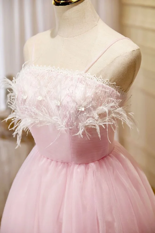 Party Dresses with Embroidered Birds and Sequined Floral Motifs for Ladies' Nature Inspired and Elegant LookPink Spaghetti Strap Tulle Short Prom Dress with Feather, Pink Party Dress cg25037 Party Dresses with Embroidered Birds and Sequined Floral Motifs for Ladies' Nature Inspired and Elegant LookPink Spaghetti Strap Tulle Short Prom Dress with Feather, Pink Party Dress cg25037