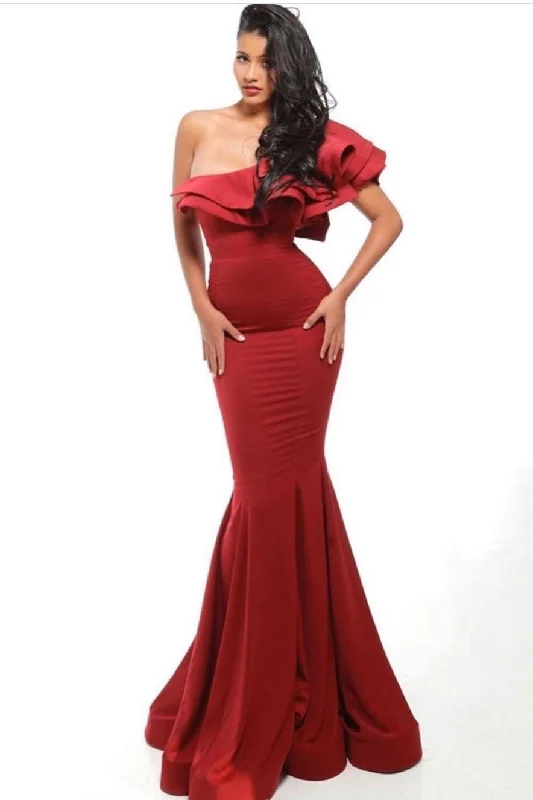 Party Dresses with Beaded Floral Wreath on the Bodice and Tulle Skirt for Ladies' Delicate and Festive LookRed Mermaid Evening Gown with Flounced One-shoulder Party Dresses with Beaded Floral Wreath on the Bodice and Tulle Skirt for Ladies' Delicate and Festive LookRed Mermaid Evening Gown with Flounced One-shoulder