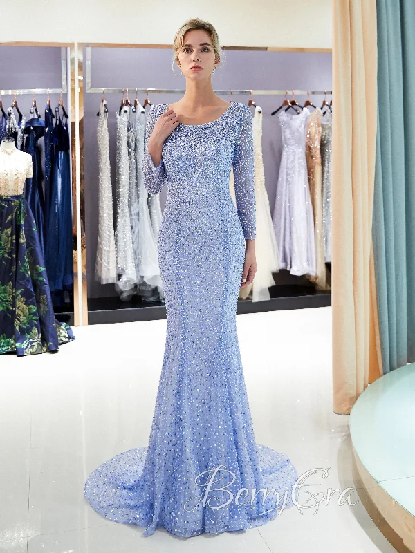 Party Dresses with High Neck and Embroidered Back for Ladies' Modest and Intricate LookRound Neckline Long Sleeves Prom Dresses, Mermaid Rhinestone Prom Dresses, Formal Dresses, Open Back Prom Dresses, Formal Dresses, Evening Dresses, Newest Prom Dresses