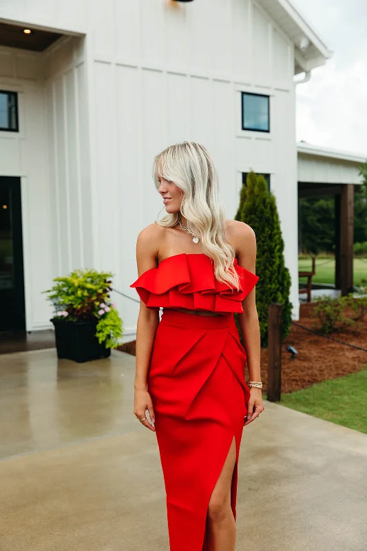 Striped Party Dresses with Button Front for Ladies' Classic and Timeless LookScuba Ruffle Set - Red