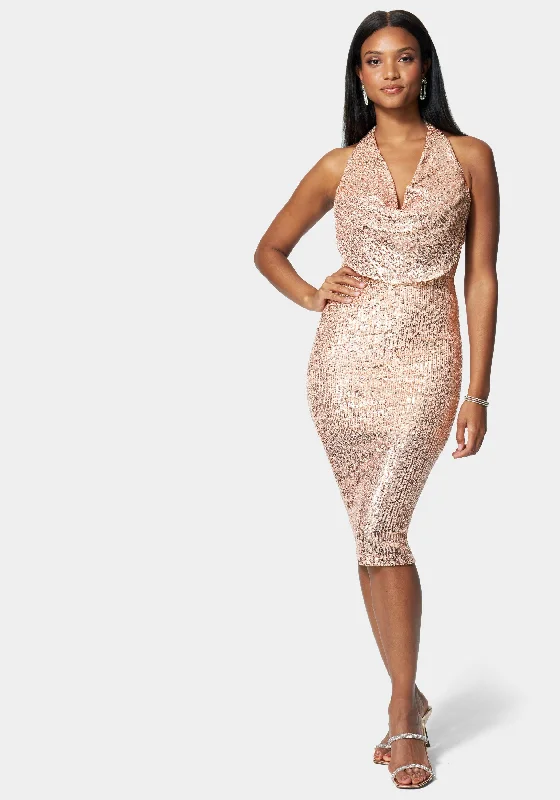 Party Dresses with Sequined Star Motifs and Sheer Sleeve and Ruffled Hem for Ladies' Celestial and Flirty LookSequin Cowl Dress Party Dresses with Sequined Star Motifs and Sheer Sleeve and Ruffled Hem for Ladies' Celestial and Flirty LookSequin Cowl Dress