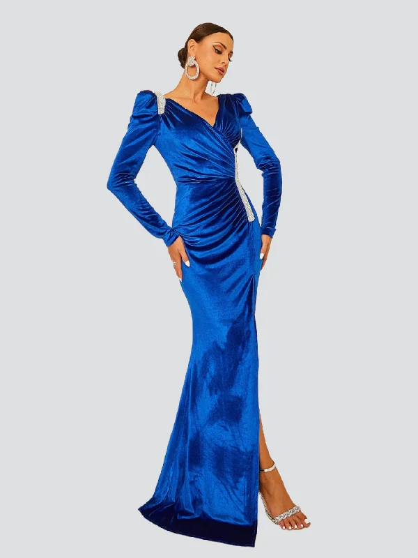 Party Dresses with Sequined Fringe and Tulle Overlay for Ladies' Dazzling and Playful LookV-Neck Ruched Velvet Blue Dress RJ10444 Party Dresses with Sequined Fringe and Tulle Overlay for Ladies' Dazzling and Playful LookV-Neck Ruched Velvet Blue Dress RJ10444