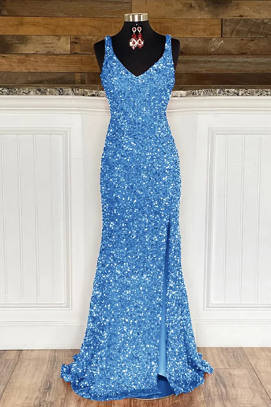 Party Dresses with Tulle Overlay and Beaded Bodice and High Low Hem for Ladies' Dramatic and Graceful LookSheath Spaghetti Straps Sky Blue Sequins Prom Dress with Split Front Party Dresses with Tulle Overlay and Beaded Bodice and High Low Hem for Ladies' Dramatic and Graceful LookSheath Spaghetti Straps Sky Blue Sequins Prom Dress with Split Front