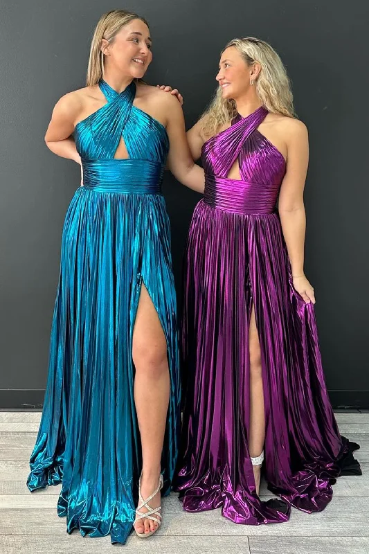 Party Dresses with Sheer Panels and Beaded Trim and Embroidered Paisley Patterns for Ladies' Sultry and Exotic LookSparkly A-Line Halter Dark Purple Prom Dress with Pleated Party Dresses with Sheer Panels and Beaded Trim and Embroidered Paisley Patterns for Ladies' Sultry and Exotic LookSparkly A-Line Halter Dark Purple Prom Dress with Pleated