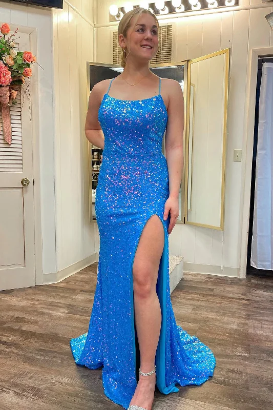 High Low Hem Party Dresses with Sheer Panel for Ladies' Fashion Forward LookSparkly Sequins Blue Long Prom Dress with Slit High Low Hem Party Dresses with Sheer Panel for Ladies' Fashion Forward LookSparkly Sequins Blue Long Prom Dress with Slit