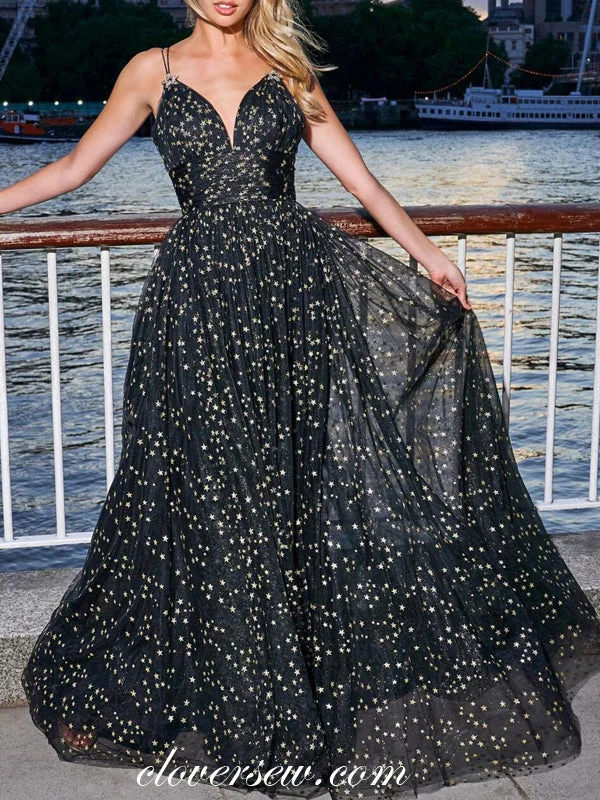 Metallic Party Dresses with Sequined Straps for Ladies' New Year's Eve PartiesStar Sequin Tulle Spaghetti Strap A-line Prom Dresses,CP0438