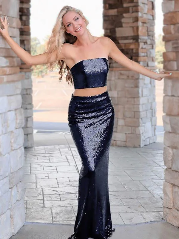 Elegant Long Sleeve Lace Party Dresses for Ladies' Formal EventsStrapless Long Mermaid Prom Dresses, 2 Pieces Navy Evening Dresses Elegant Long Sleeve Lace Party Dresses for Ladies' Formal EventsStrapless Long Mermaid Prom Dresses, 2 Pieces Navy Evening Dresses