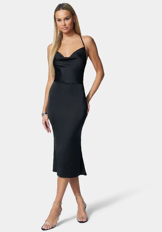 Party Dresses with Metallic Studs and Leather Trim for Ladies' Edgy and Rocker LookStrappy Satin Midi Dress Party Dresses with Metallic Studs and Leather Trim for Ladies' Edgy and Rocker LookStrappy Satin Midi Dress