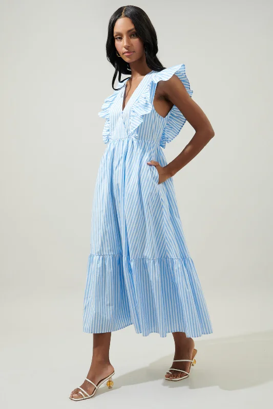 Party Dresses with Sheer Panels and Beaded Trim and Embroidered Paisley Patterns and Ruffled Hem for Ladies' Sultry and Exotic LookStriped Fairness Poplin Surplice Midi Dress Party Dresses with Sheer Panels and Beaded Trim and Embroidered Paisley Patterns and Ruffled Hem for Ladies' Sultry and Exotic LookStriped Fairness Poplin Surplice Midi Dress