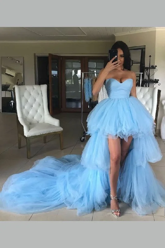 Sleeveless Chiffon Party Dresses with Slit for Ladies' Cocktail PartiesSweetheart Light-blue Hi-Low Prom Dress with Layers Skirt Sleeveless Chiffon Party Dresses with Slit for Ladies' Cocktail PartiesSweetheart Light-blue Hi-Low Prom Dress with Layers Skirt