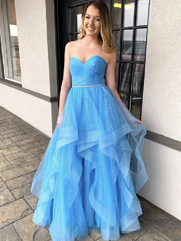 Tiered Party Dresses with Floral Applique for Ladies' Garden PartiesSweetheart Long A-line Light Blue Sequin Tulle Prom Dresses, Shiny Prom Dresses, 2020 Prom Dresses Tiered Party Dresses with Floral Applique for Ladies' Garden PartiesSweetheart Long A-line Light Blue Sequin Tulle Prom Dresses, Shiny Prom Dresses, 2020 Prom Dresses