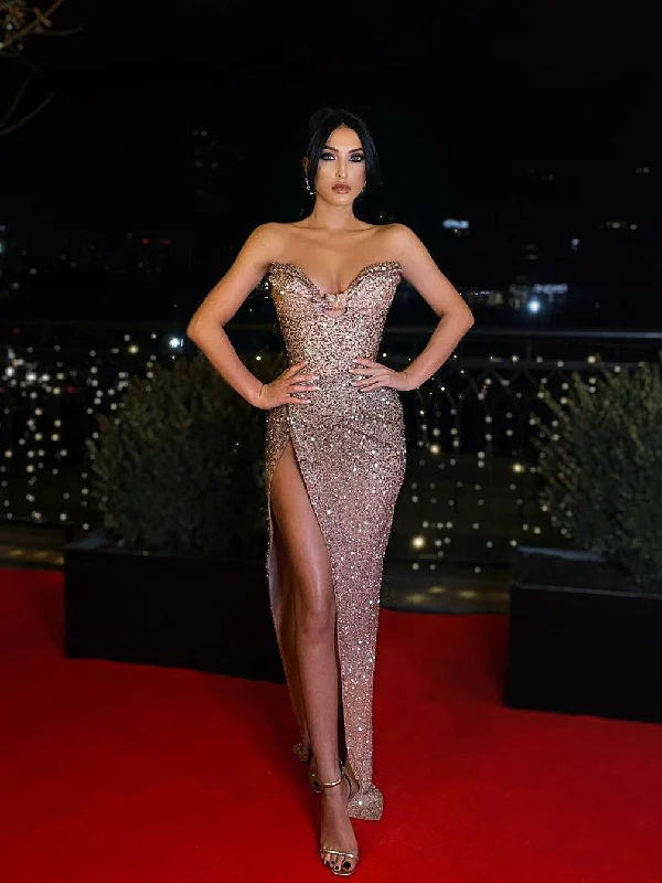 Taffeta Party Dresses with Pleated Bodice for Ladies' Structured and Formal LookSweetheart Long Fitted Sequin Prom Dresses, High Slit 2021 Prom Dresses