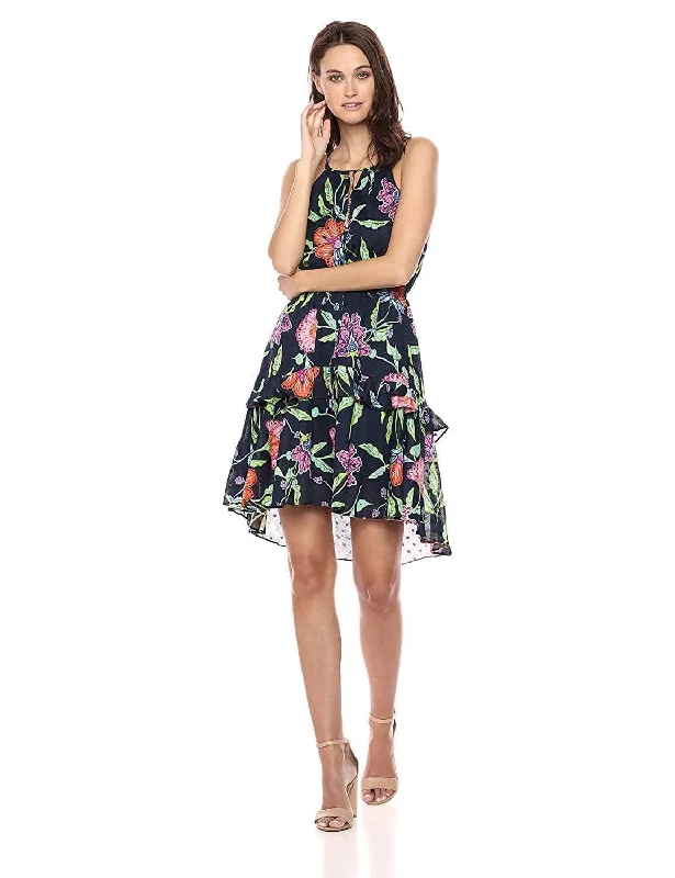 Party Dresses with Sheer Panels and Sequined Trim for Ladies' Sultry and Sparkly LookTaylor - 9682M Floral Print Tie Keyhole Front Dress