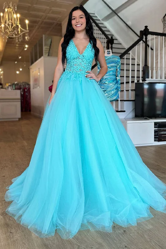 Mesh Paneled Party Dresses with Beaded Appliques for Ladies' Modern EdgeTurquoise A-Line V-Neck Tulle Long Prom Dress with Lace Mesh Paneled Party Dresses with Beaded Appliques for Ladies' Modern EdgeTurquoise A-Line V-Neck Tulle Long Prom Dress with Lace