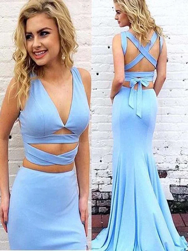 Empire Waist Party Dresses with Satin Sash for Ladies' Curvy Figure FlatteringTwo Pieces Blue V-Neck Crisscross Back Long Mermaid Prom Dresses