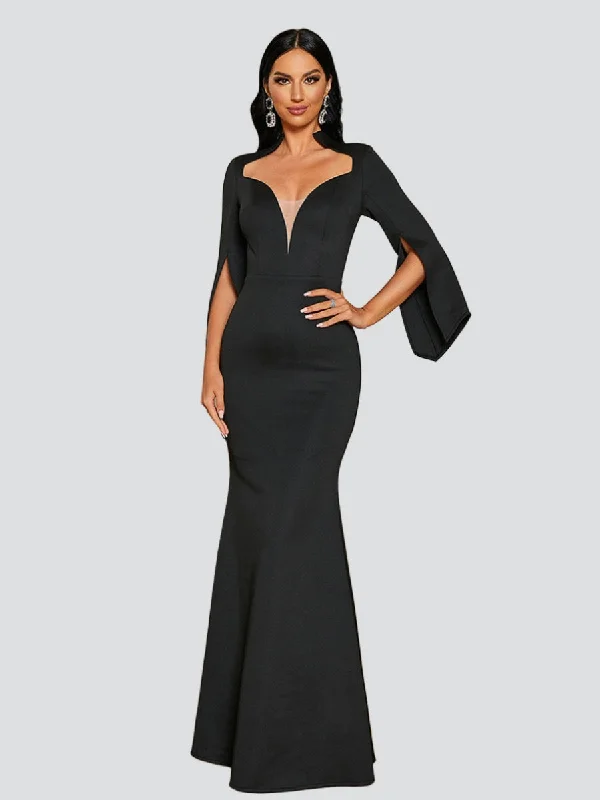 Party Dresses with High Neck and Embroidered Back for Ladies' Modest and Intricate LookV-Neck Mermaid Cape Sleeve Dress RH30150 Party Dresses with High Neck and Embroidered Back for Ladies' Modest and Intricate LookV-Neck Mermaid Cape Sleeve Dress RH30150
