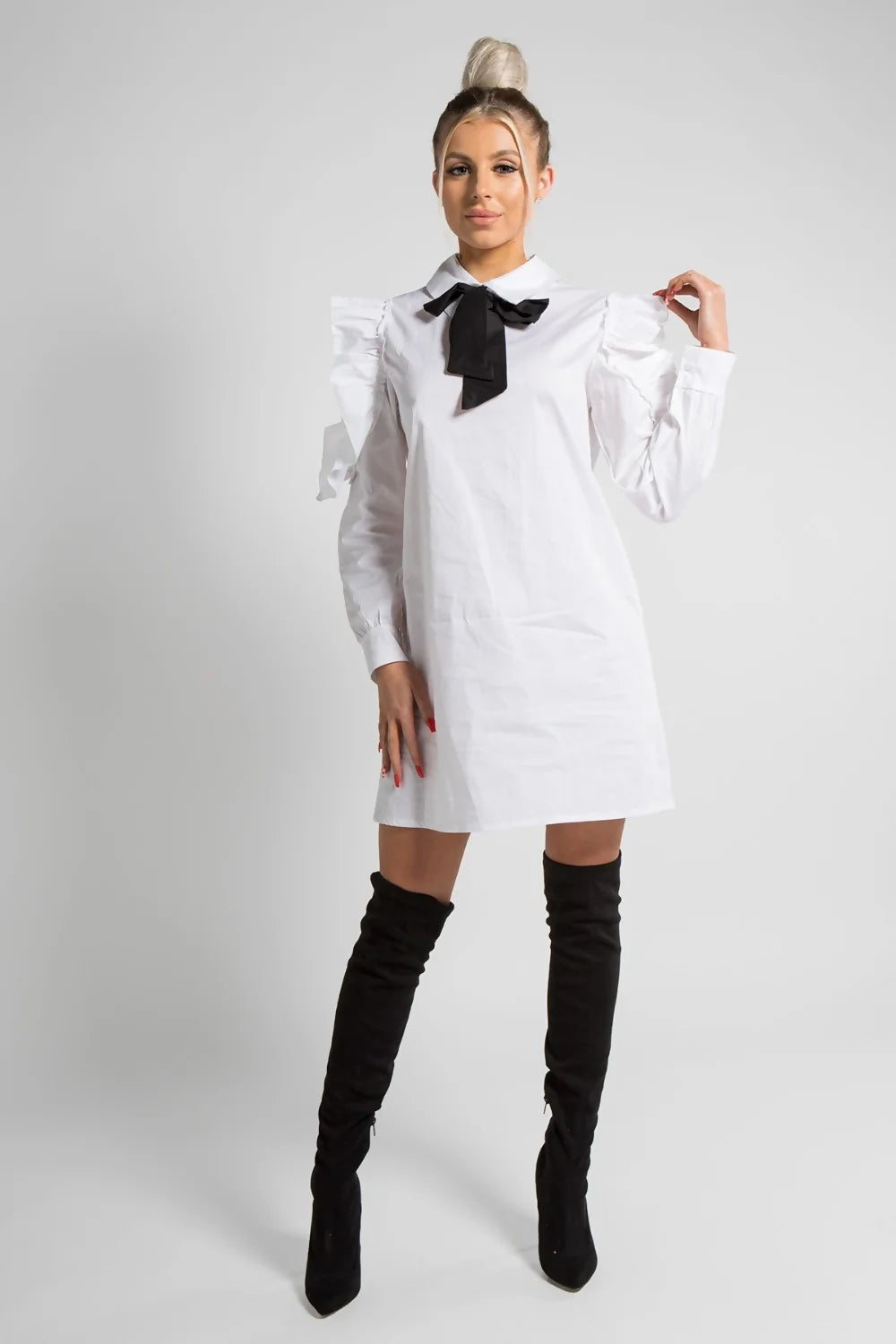 Ombre Party Dresses with Gradient Effect for Ladies' Unique and Stylish LookWhite Blair Collar Bow Dress with Open Ruffle Sleeve Detail- Terry Ombre Party Dresses with Gradient Effect for Ladies' Unique and Stylish LookWhite Blair Collar Bow Dress with Open Ruffle Sleeve Detail- Terry